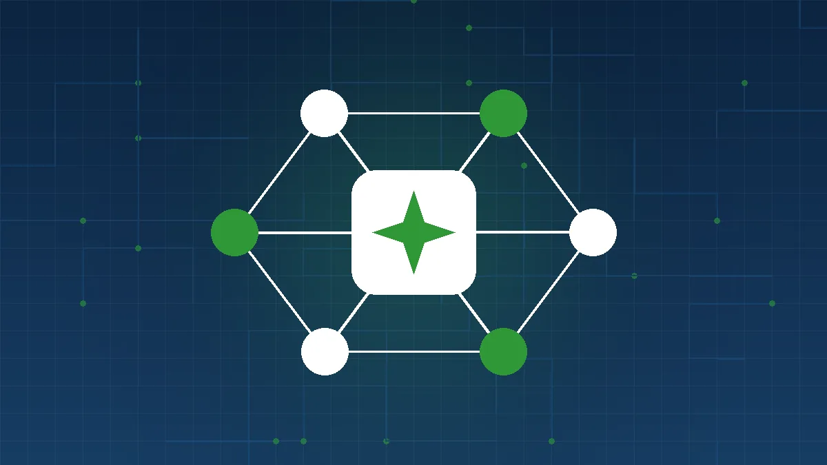 Network of connected nodes around an AI sparkle, illustrating AI agents