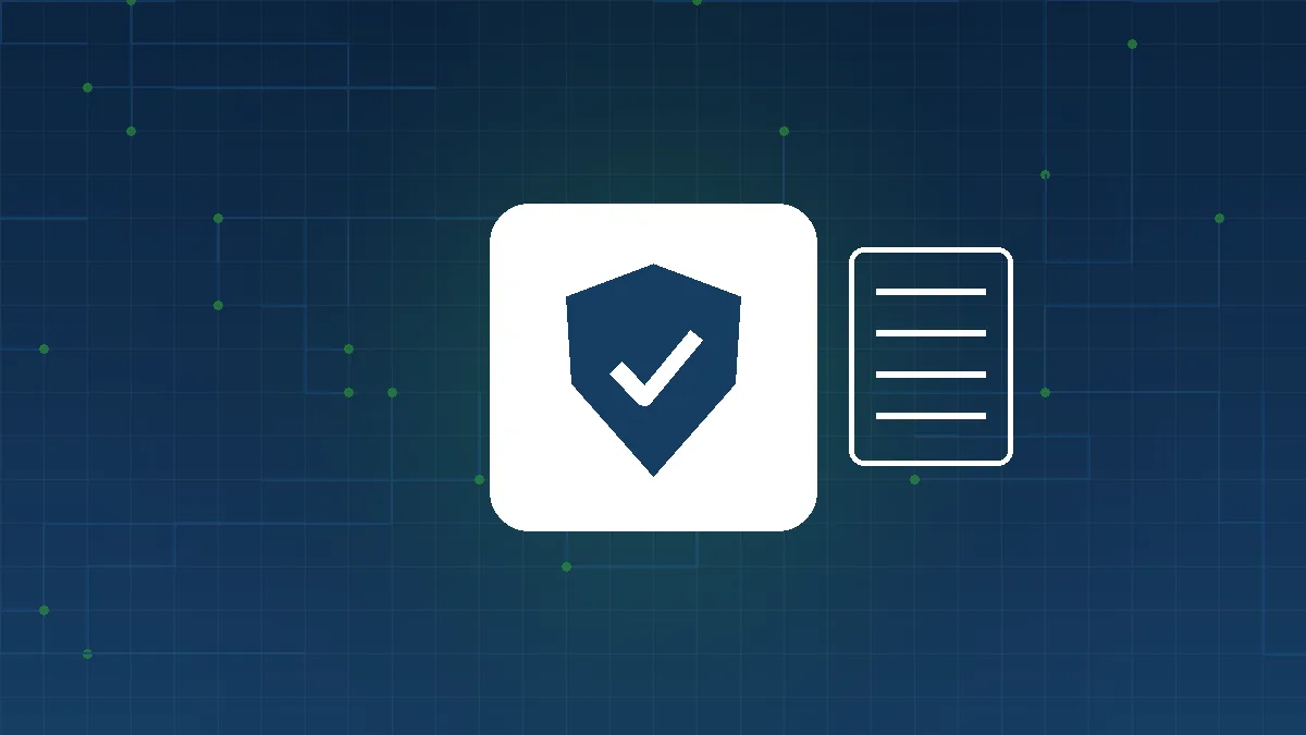 Shield with a checkmark beside a policy document, illustrating cyber insurance security requirements