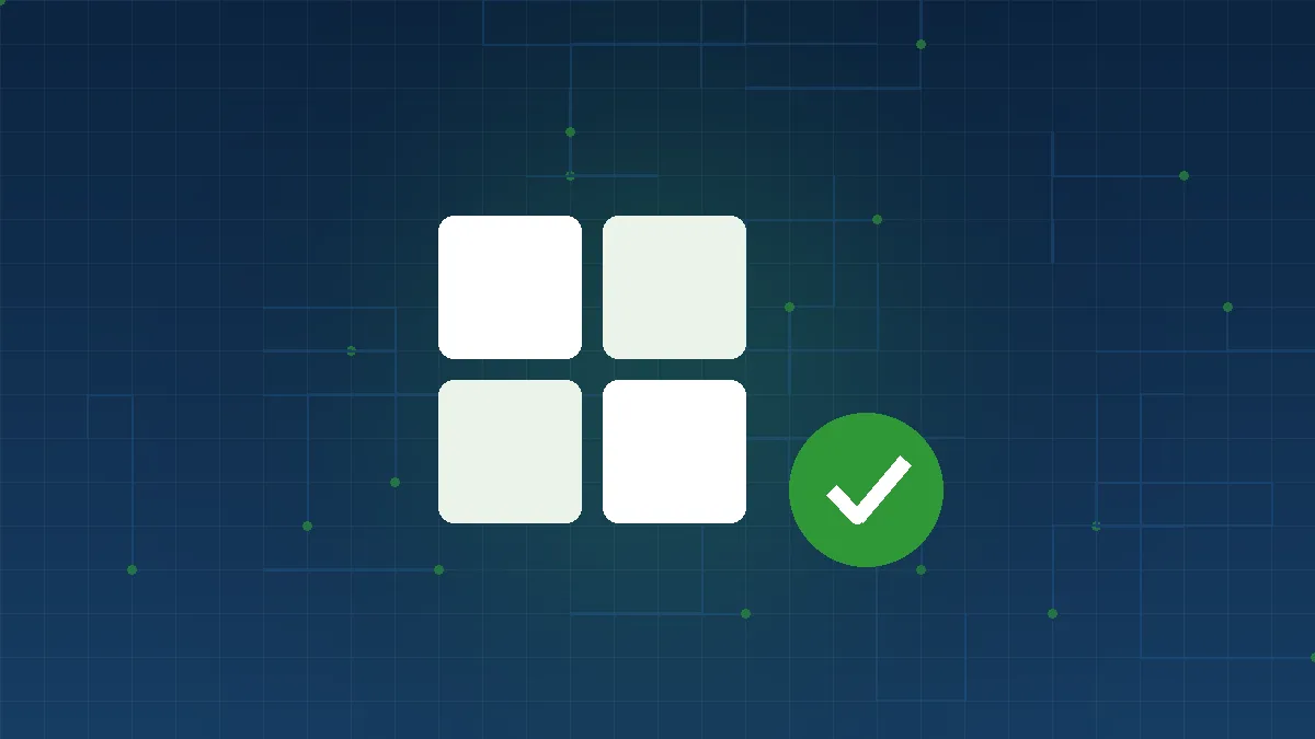 App tile grid with a green checkmark, illustrating a Microsoft 365 security checklist