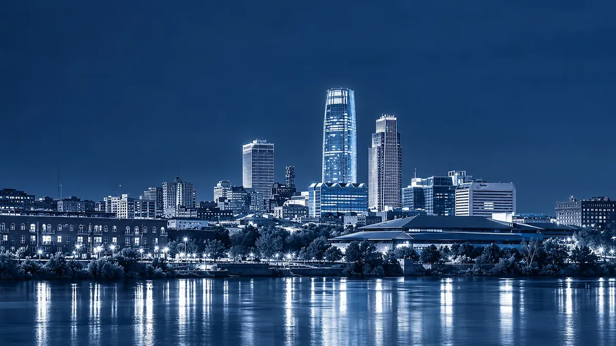 Omaha skyline at night across the Missouri River
