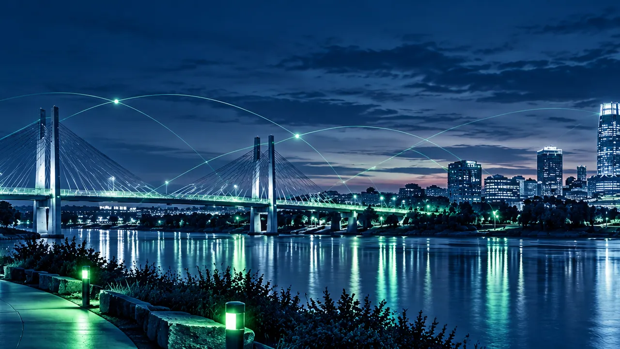 Omaha riverfront and pedestrian bridge at night