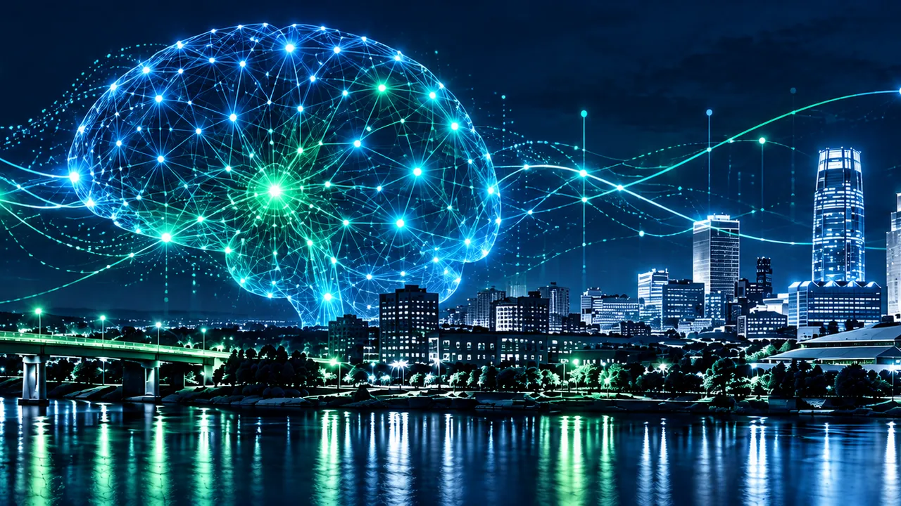 Glowing AI network brain over the Omaha skyline at night