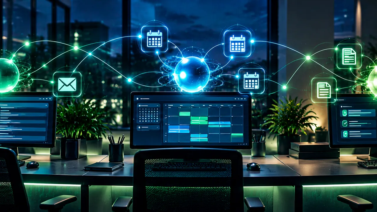 Office workstations with AI assistants routing email, calendar and document tasks