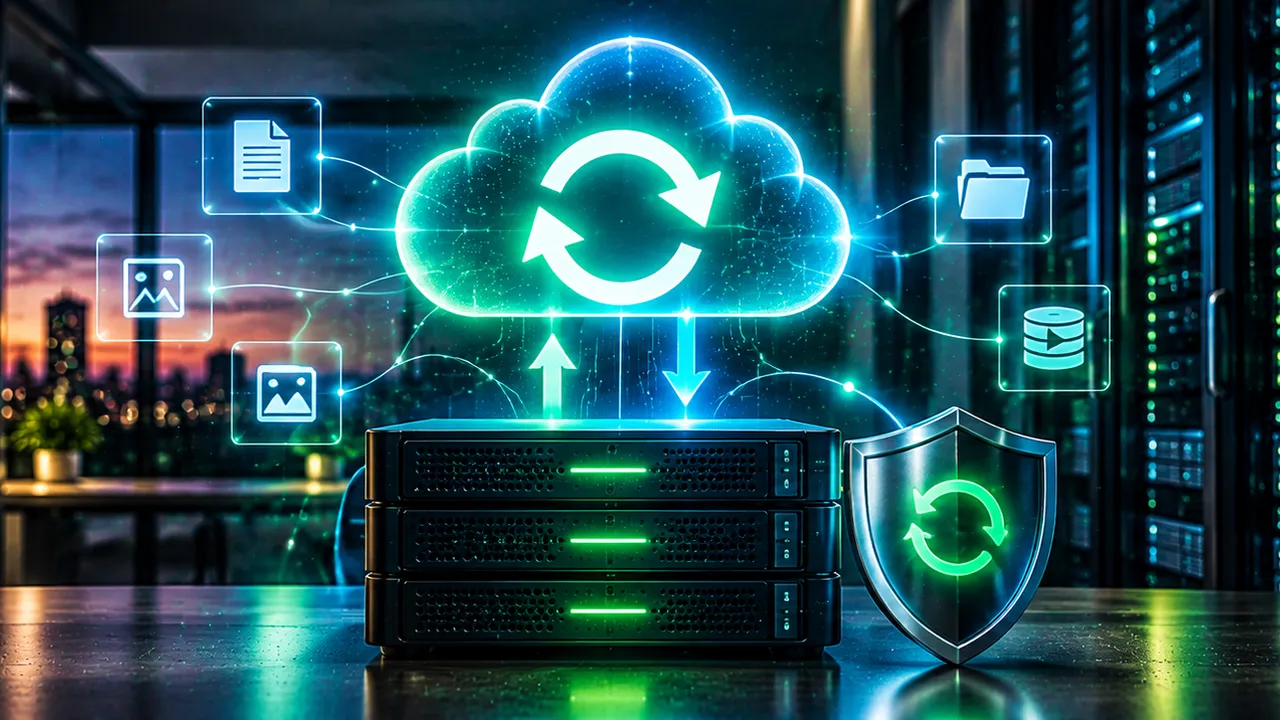Servers backing up to the cloud with a protective shield icon