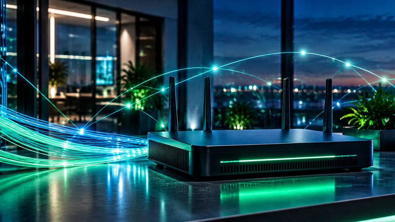 Business router with fiber connections glowing across an office at night