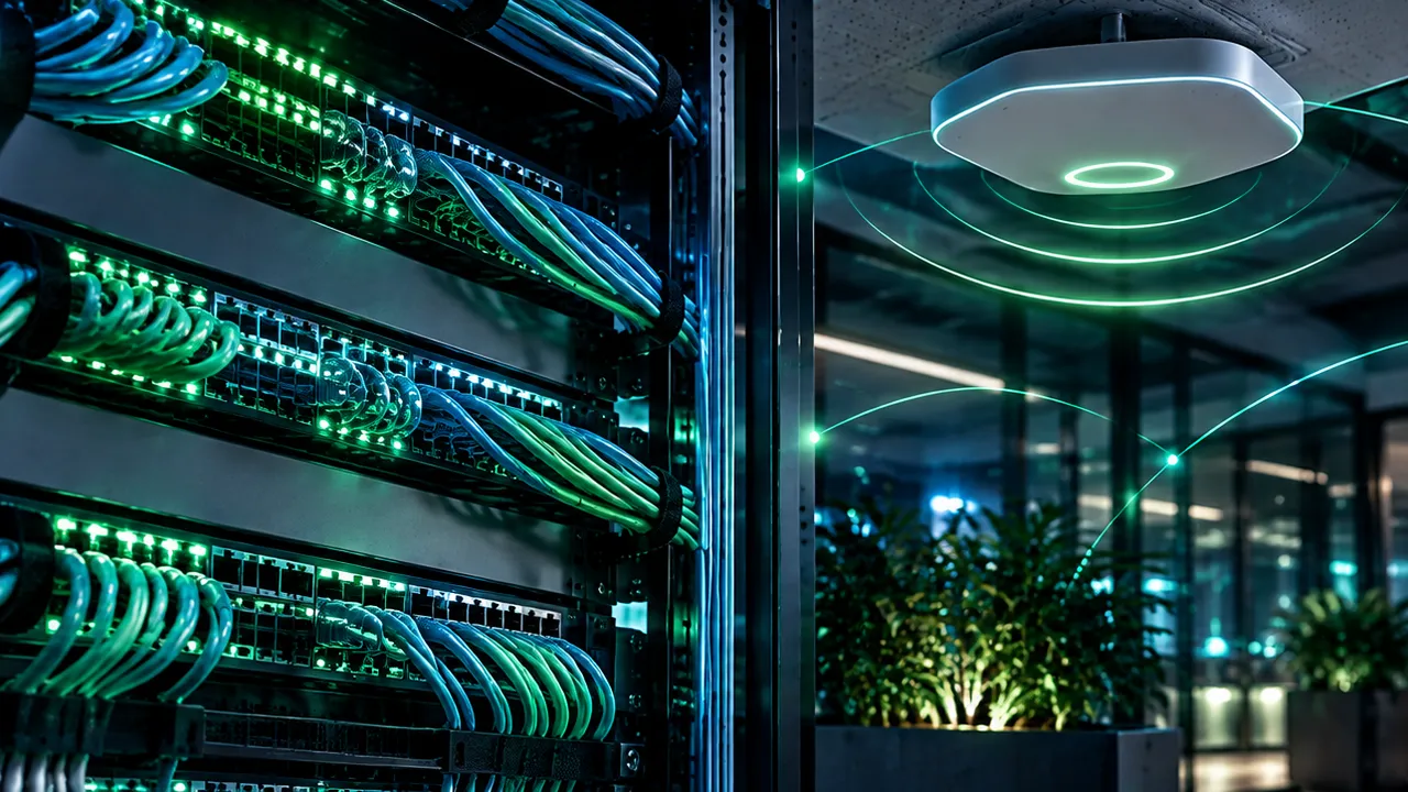 Network switches with organized blue and green cabling beside a ceiling Wi-Fi access point