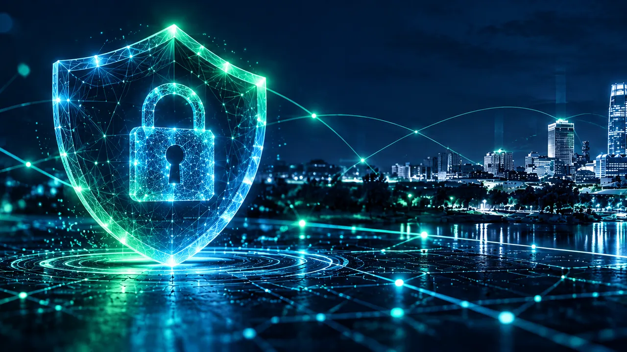 Glowing security shield and padlock in front of the Omaha skyline