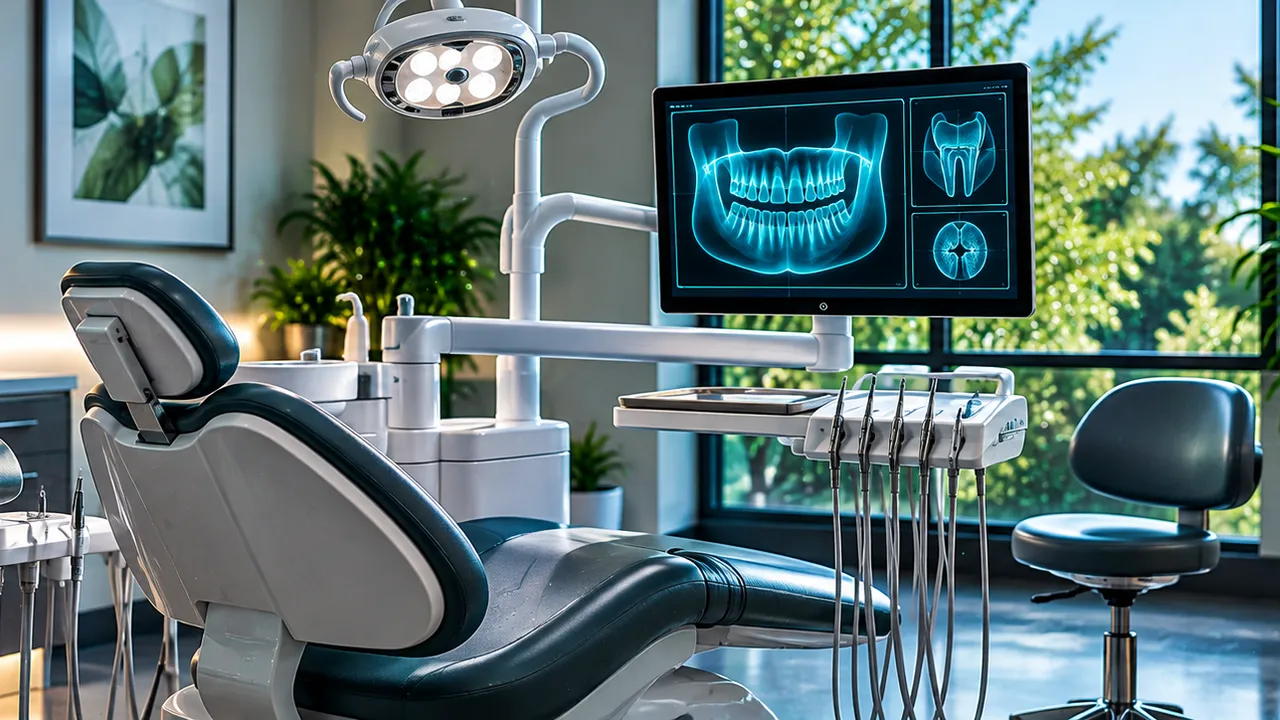 Modern dental operatory with a chair and an X-ray display