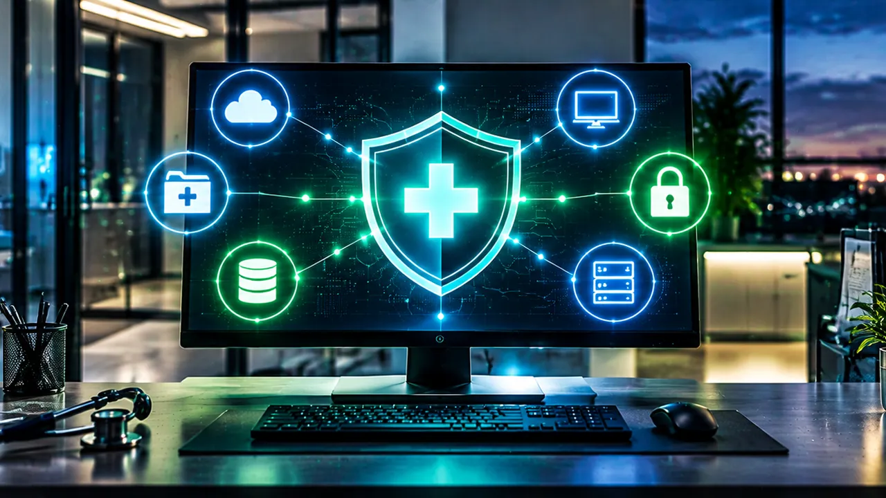 Healthcare workstation showing a protected medical data network beside a stethoscope
