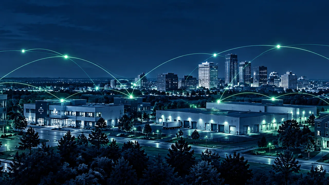 Omaha business district at night with network connections between buildings