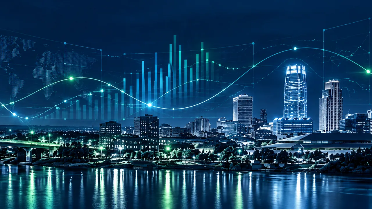 Data charts rising over the Omaha skyline at night