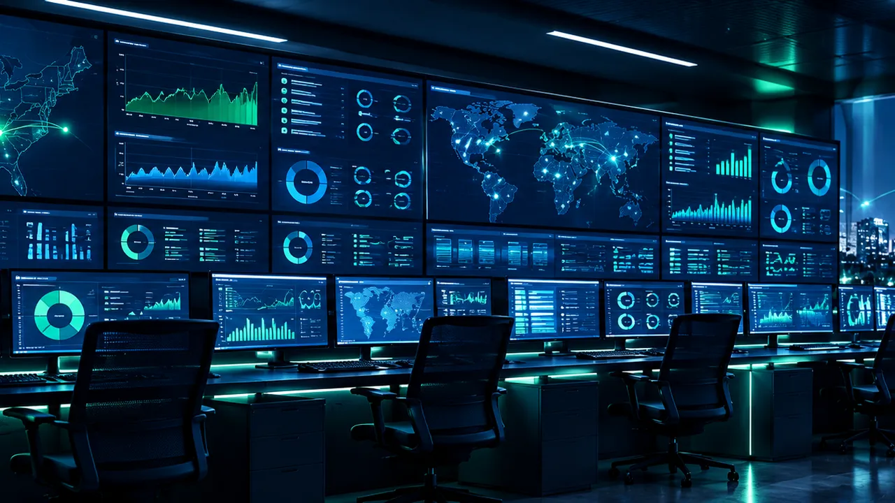 Network operations center with monitoring dashboards overlooking the Omaha skyline