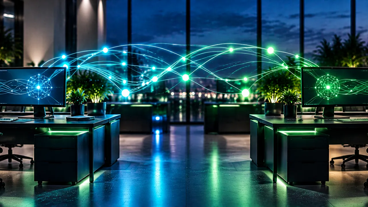 Two connected IT workstations in a modern office at night