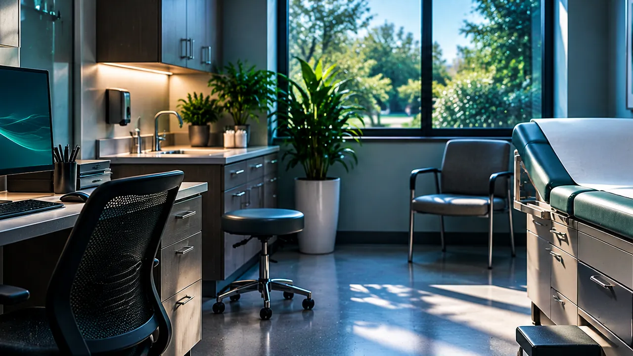 Medical office exam room and workstation in daylight