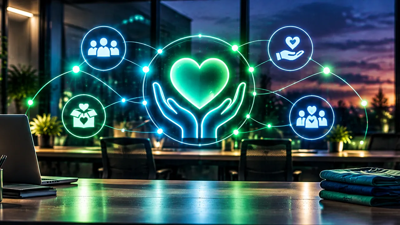 Nonprofit office desk with donation boxes and community connection icons