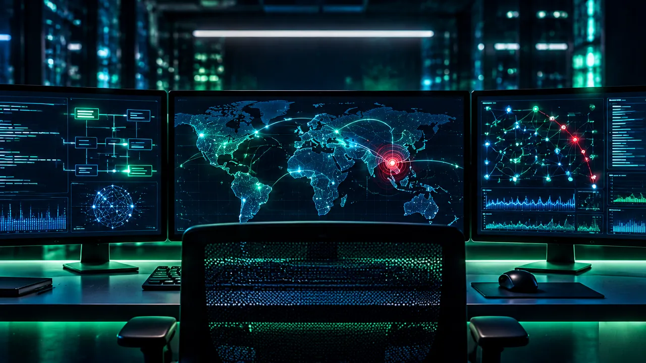 Security analyst workstation with network maps and threat dashboards at night