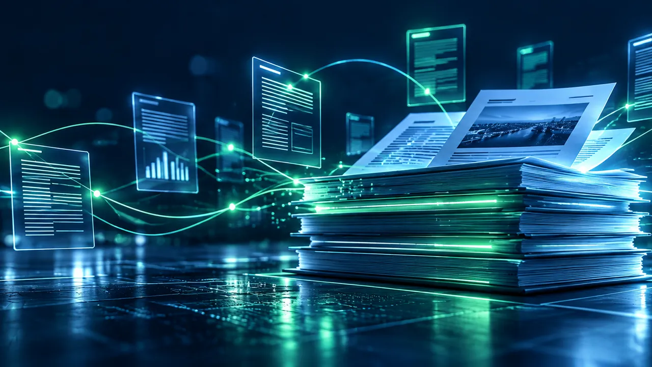 Stack of guides and documents with glowing data connections