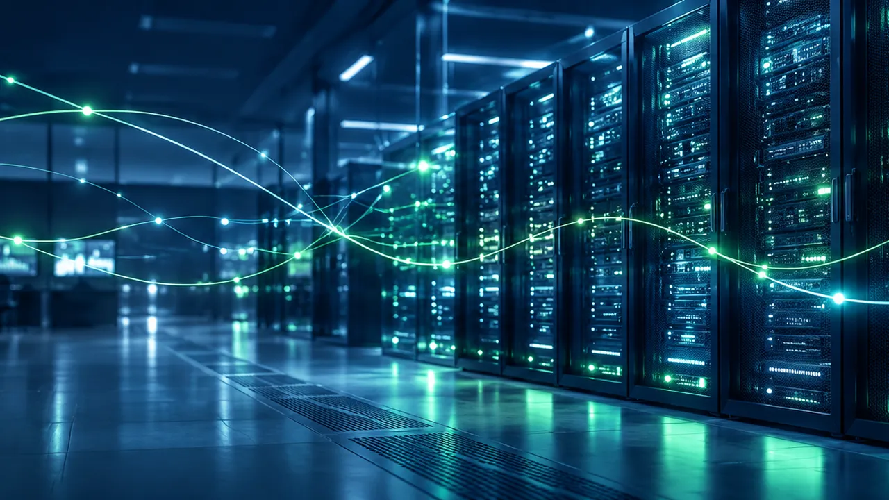 Modern server room with racks lit in Cambium blue and green