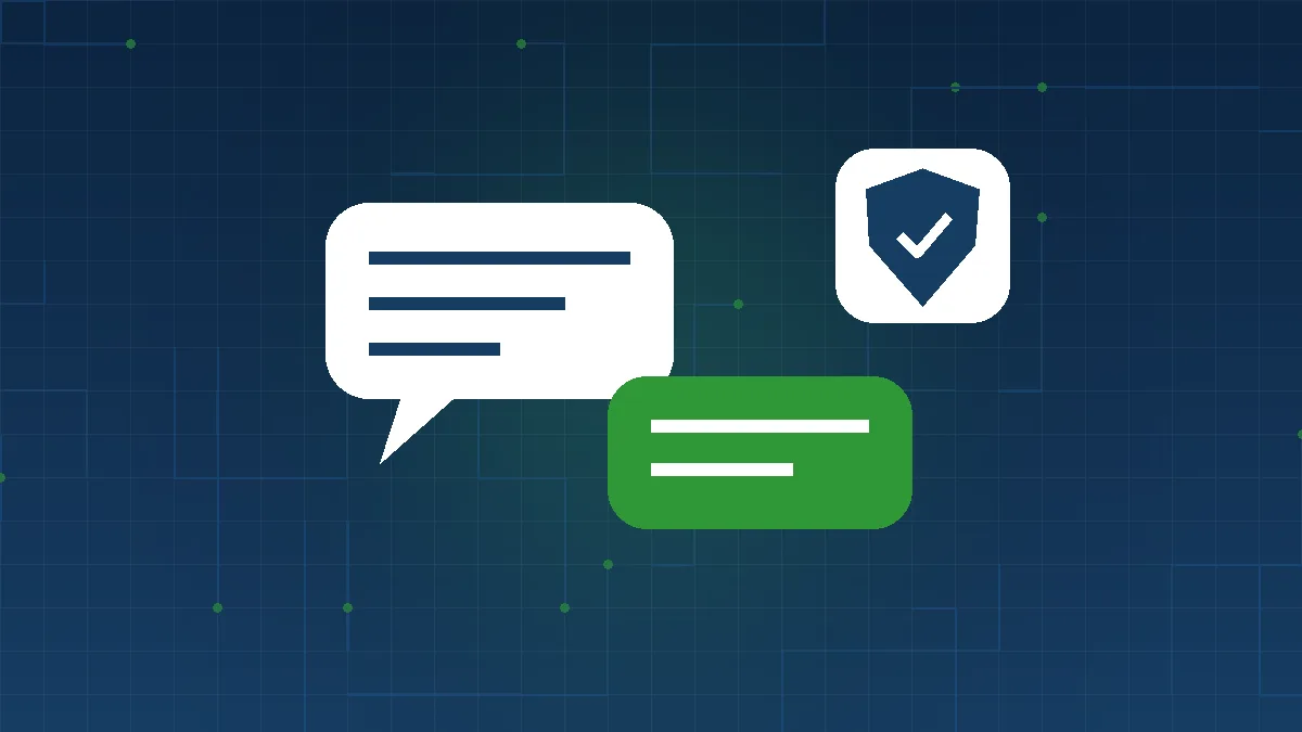Chat bubbles with a security shield, illustrating safe use of ChatGPT and AI tools
